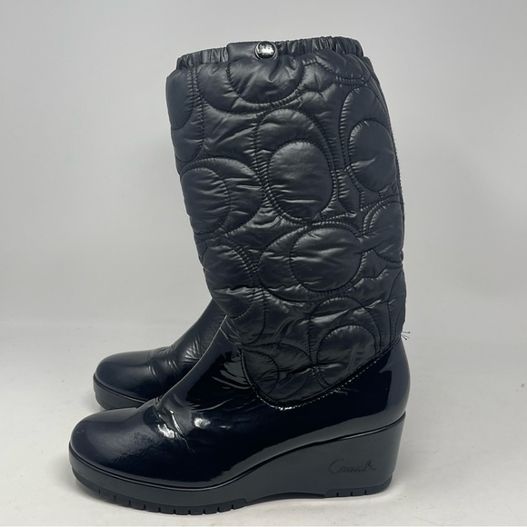 Coach Cantina Quilted Puffer Wedge Boots Womens 9 B Black Patent Signature C - Picture 4 of 13